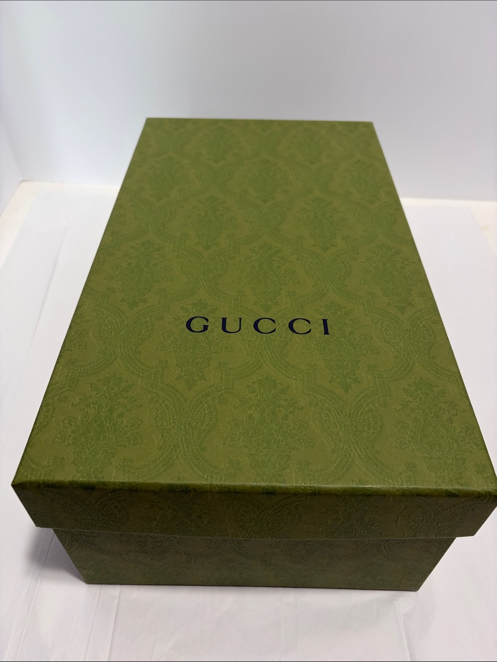 Gucci Olive Green Embossed Logo Box shoe box 15 x 8 1/4 x 5 with ribbon